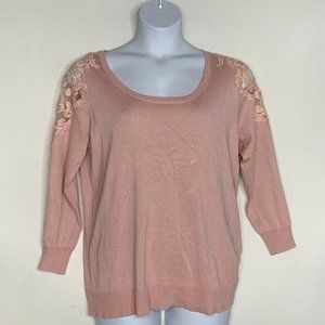 Soleillee Women Sweater Size XL Pink Round Neck Long Sleeve Lace Pullover‎
